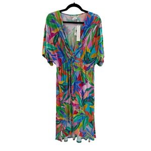 La Blanca Resortwear V Neck Maxi Dress Watercolor Tropical Leaf Print Size S M